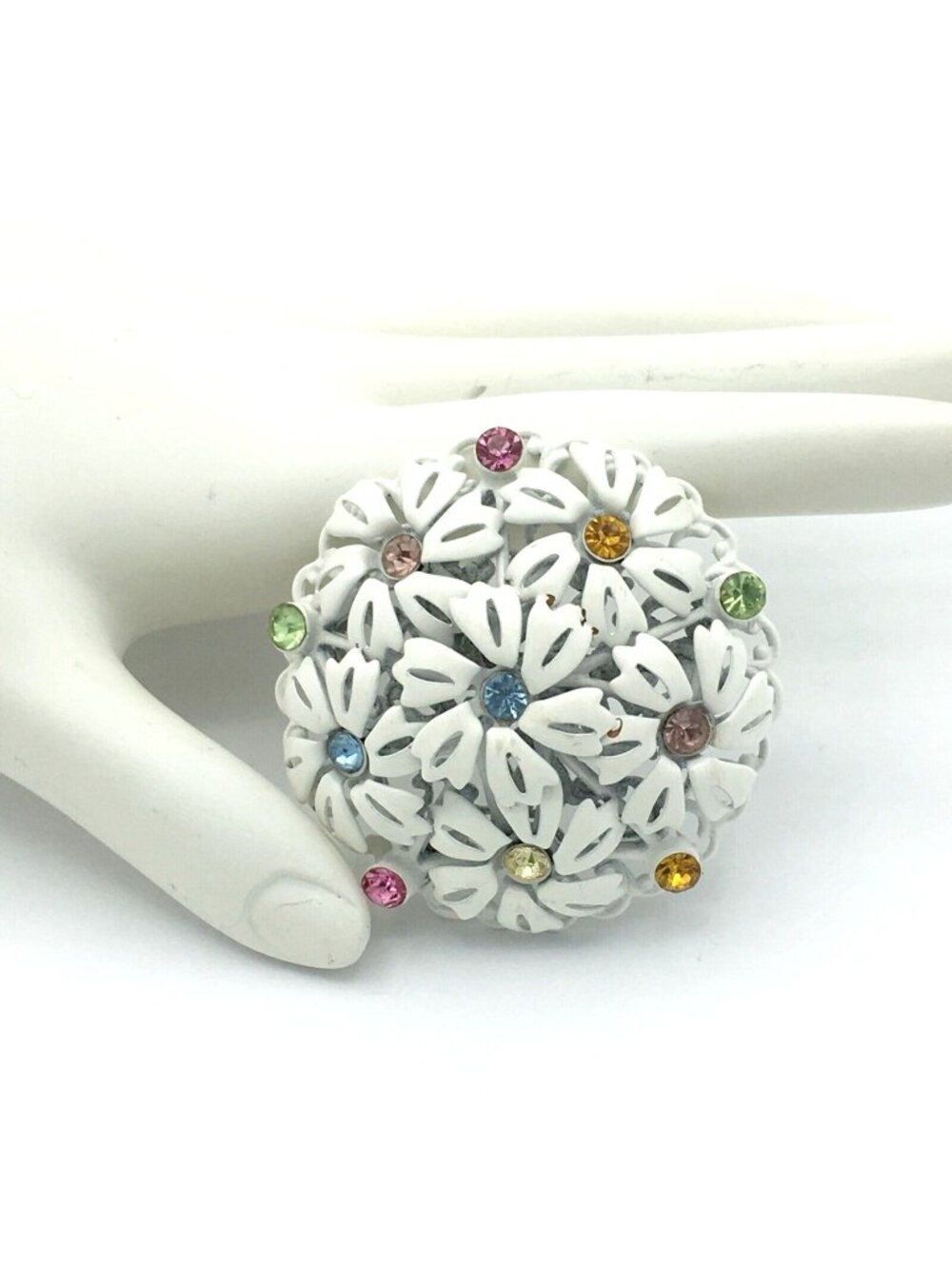 ENAMEL flower brooch - vintage high dome white & multicolor rhinestone pin